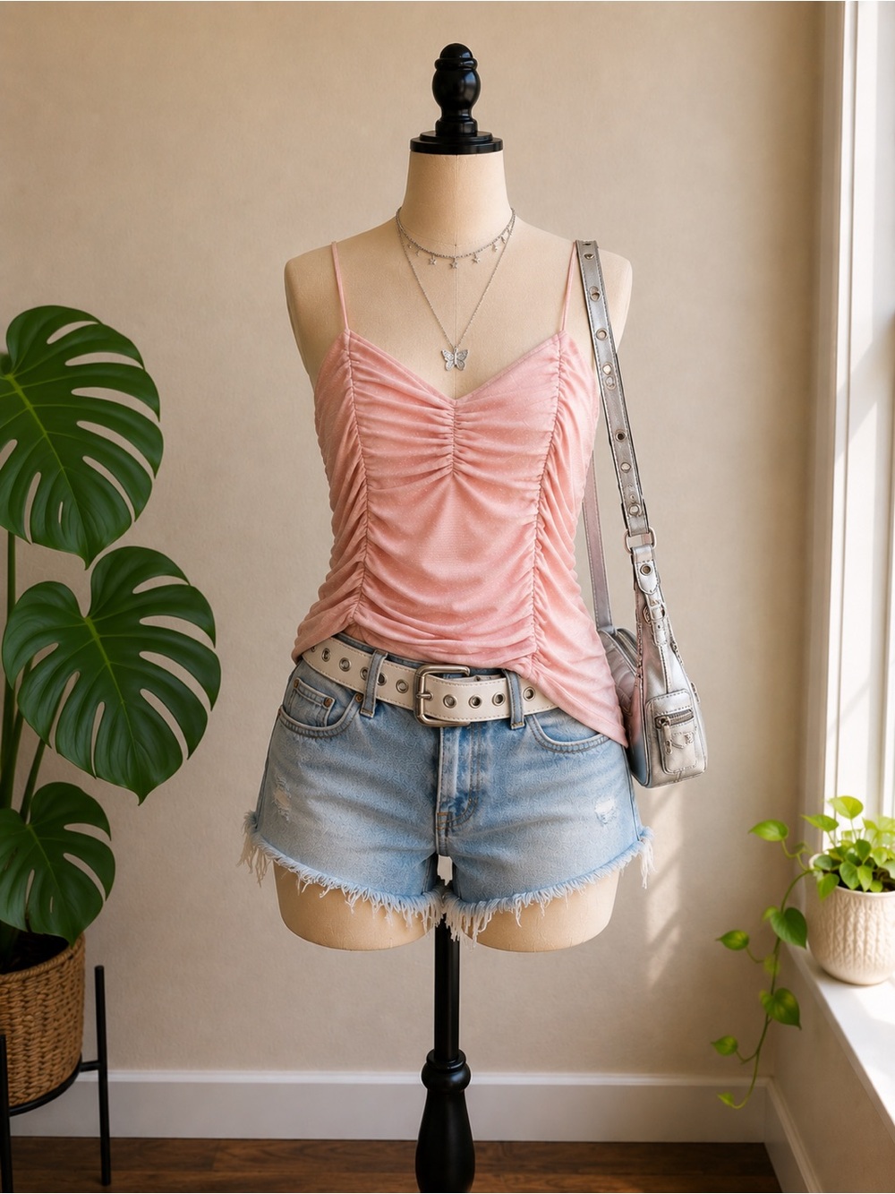 Ruched Blush Pink Spaghetti-Strap Camisole